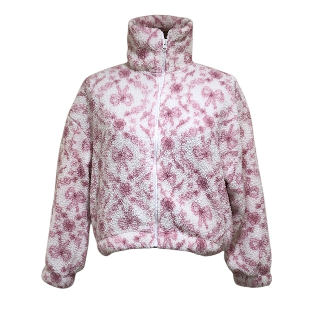 Francesca’s Collection Hippie Rose Teddy Fleece Jacket Size Small White Pink